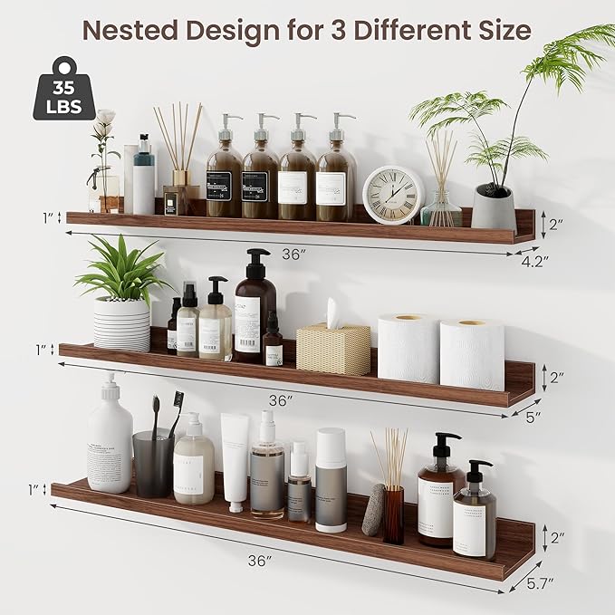 Axeman 36 Inch Floating Shelves | Walnut Picture Ledge Shelf Set of 3 | Rustic Wood Wall Shelves with Lip | 36
