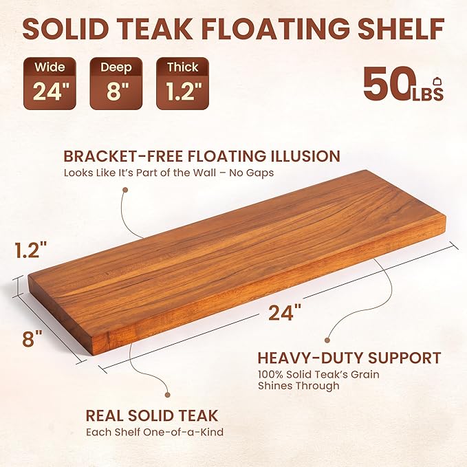 Teak Floating Shelves Set of 2-24 Inch Natural Waterproof Wood Wall Shelves with Invisible Brackets for Bathroom, Kitchen, Balcony - Solid Teak Wood Shelving, Water-Resistant Wall Decor