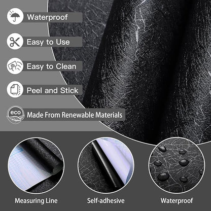 Safiyya 17.3 inch X 590 inch Wallpaper Black Silk Textured Wallpaper Peel and Stick Modern Solid Color Wall Paper Removable Contact Paper for Bedroom Vinyl Rolls