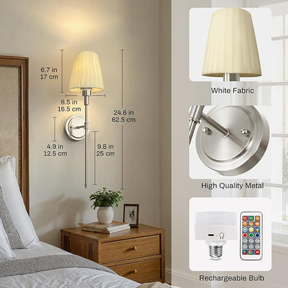 DORESshop Battery Operated Wall Sconce Set of 2, 10 Color Wireless Wall Light Easy to Install, Sconce Wall Decor Set of 2 for Bedroom, Living Room, Pleated Fabric Shade, Nickel, 24.6in