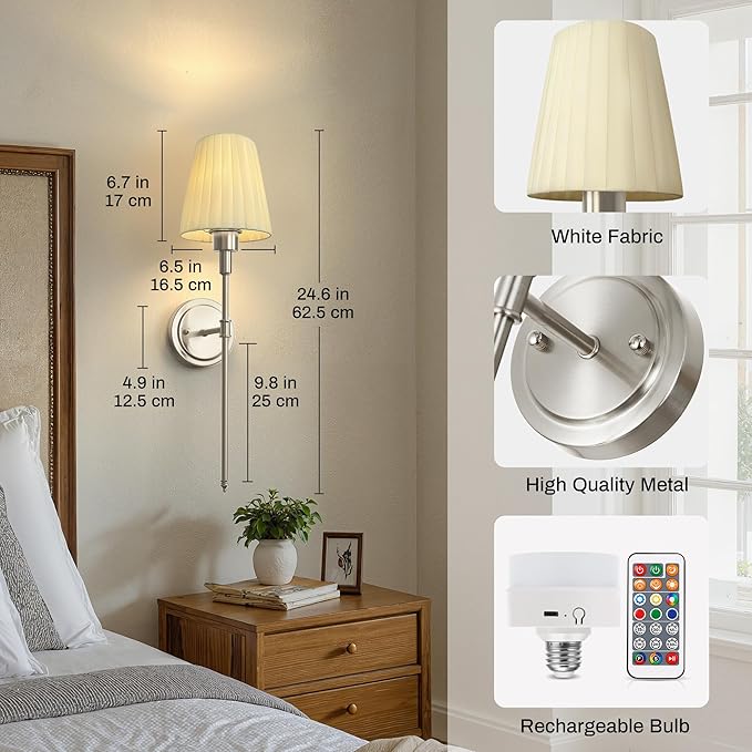 DORESshop Battery Operated Wall Sconce Set of 2, 10 Color Wireless Wall Light Easy to Install, Sconce Wall Decor Set of 2 for Bedroom, Living Room, Pleated Fabric Shade, Nickel, 24.6in