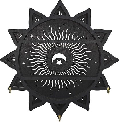 Chakra Lotus Flower Crystal Display Shelf with LED Light, Witchy Home Decor Boho Decorative Wall Mounted Trinket Shelf Wooden Sun Moon Shelf Rock Case Stone Storage Floating Hanging Holder