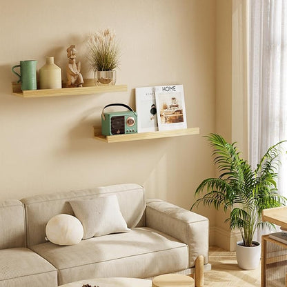 16 Inch Bamboo Floating Shelves - Picture Ledge Shelf with Lip Set of 2, Hanging Bamboo Wall Shelf for Storage, Small Natural Wood Floating Shelves for Living Room, Bedroom, Kitchen