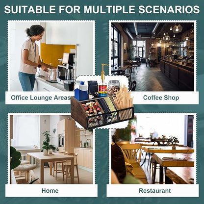 Coffee Station Organizer for Countertop, All in One No Assembly Wood Coffee Creamer Bar Holder with Iron Mesh, Office Tea Bar Accessories Gift for New Home Birthday(Dark Brown,Classical)