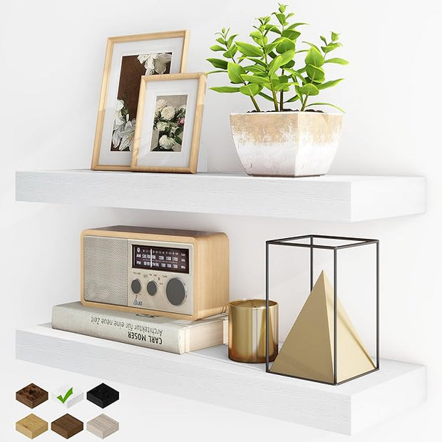 Fun Memories Floating Shelves for Wall, 24Inch Floating Shelves Set of 2, Hanging Shelf with Invisible Brackets, Wood Shelves for Living Room, Bedroom, Kitchen, White