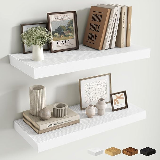 Fun Memories 24 x 10 Floating Shelves Wall-Mounted - Rustic Wood Shelf - 10 Inch Deep Floating Shelves for Wall - Large Storage Shelf for Bathroom - Kitchen & Bedroom - White - Set of 2
