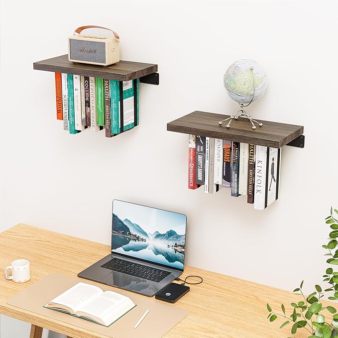 2 Set of Floating Bookshelf with Super Load-Bear Shelf Brackets, Paulownia Wood Invisible Bookshelf, Hanging Bookshelves for Wall, Unique Space Saving Wall Bookcase