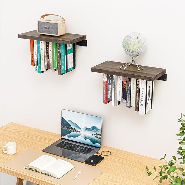 2 Set of Floating Bookshelf with Super Load-Bear Shelf Brackets, Paulownia Wood Invisible Bookshelf, Hanging Bookshelves for Wall, Unique Space Saving Wall Bookcase