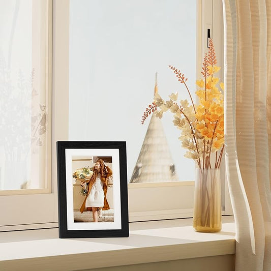 Vittanly 5x7 Picture Frame Set of 4, Display Pictures 4x6 with Mat or 5x7 without Mat, Engineered Wood with Shatter Resistant Plexiglass, Small Photo Frames for Wall or Tabletop Display, Black