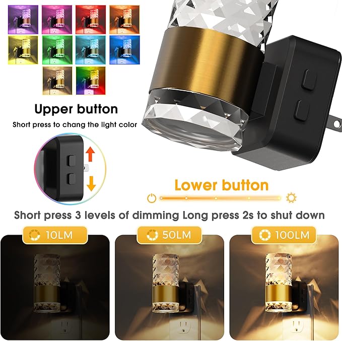 L LOHAS LED Night Light, Night Lights Plug into Wall, 2 Pack 10-Color RGB Change Nightlights,10/50/100LM Adjustable Automatic Nightlights Plug in with Dusk to Dawn Sensor for Room Bathroom Hallway