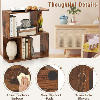 Tangkula 3 Tier Geometric Bookshelf, S Shaped Open Bookcase with Storage, Home Office Decor, Freestanding Wood Display Shelf for Living Room Study, Small Bookshelf for Small Spaces (2, Rustic Brown)
