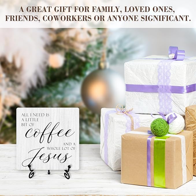 Christian Coffee Sign Desk Decor, Jesus Sign With Iron Stand, Religious Wood Plaque For Farmhouse Home Kitchen Coffee Station Cafe, Bible Verse Desk Shelf Decor -54