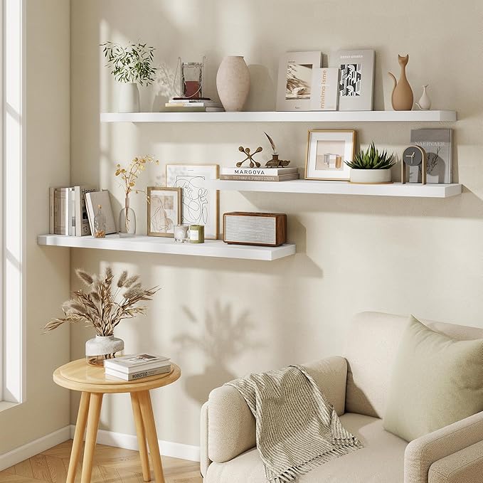 Fun Memories 48 Inch Floating Shelves in White, 9.3 Inch Deep Wall Shelves for Bathroom, Living Room, Bedroom, Kitchen, Deep Long Shelf Wall Mounted 2 Pack Shelf for Books, Decor