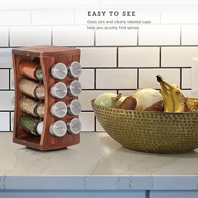 Kamenstein 16 Jar Hourglass Revolving Countertop Spice Rack with Spices Included, FREE Spice Refills for 5 years, Acacia with Stainless Steel Caps,Brown