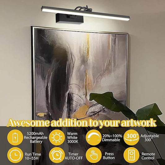 Battery Picture Light, 5200mAh Rechargeable Picture Lights with Remote Timer & Dimmable, CRI95+ 16" Adjustable Art Light for Paintings Display, Frame, Gallery, Wall Art Accent Light, Black