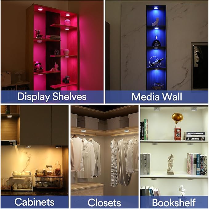 Puck Lights with Remote Control, Battery Operated Wireless Under Cabinet Lighting, RGBCW Stick On Tap Lights for Kitchen, Shelf, 4 Pack - White