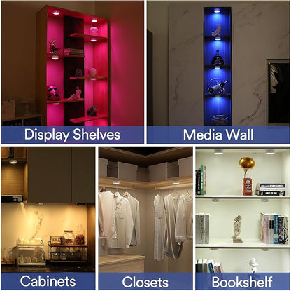 Puck Lights with Remote Control, Battery Operated Wireless Under Cabinet Lighting, RGBCW Stick On Tap Lights for Kitchen, Shelf, 4 Pack - White