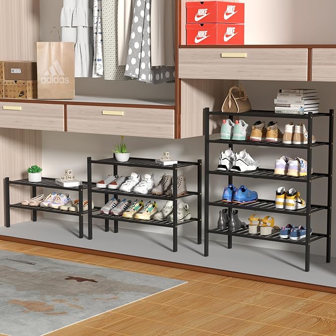 4 Tier Bamboo Shoe Rack for Closet Free Standing Wood Shoe Shelf for Entryway Small Space Stackable 27