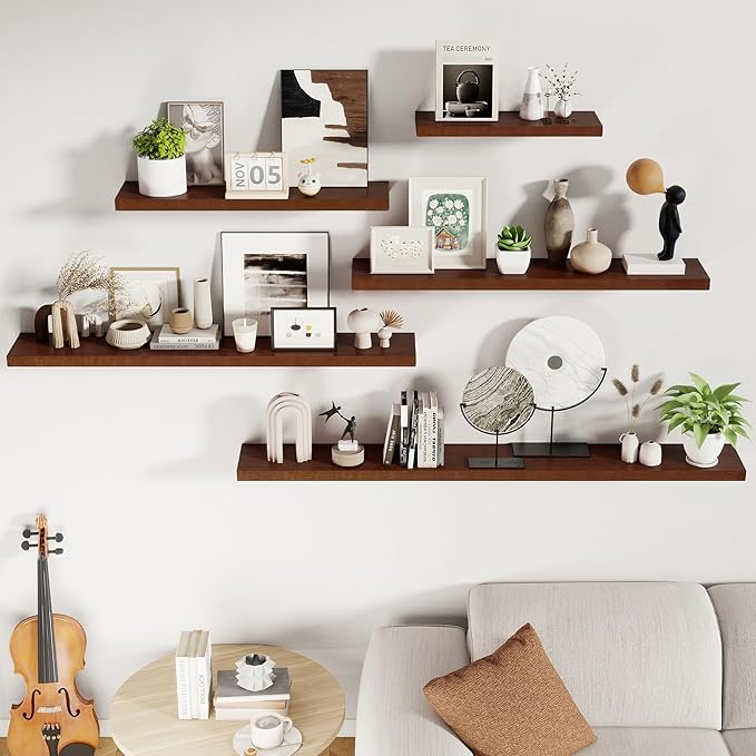 RICHFOCUS Floating Shelves for Wall 72 Inch Solid USA-Sourced Oak Wooden Shelves for Bathroom Kitchen 9" Deep Modern Wood Shelf with Heavy-Duty Bracket for Wall Mounted, Walnut Finish