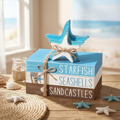 Geelin 4 Pcs Summer Beach Tiered Tray Decor Wooden Book Stack Signs, Starfish Seashell Coastal Nautical Table Centerpiece for Shelf Coffee Bar Home Kitchen Beach House Decorations