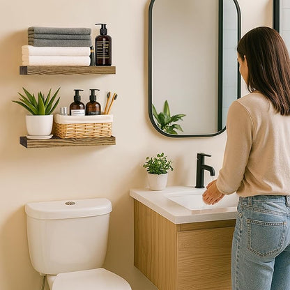BGMG Wood Floating Shelves for Wall 18 inch Set of 2, Rustic Wooden Wall Mount Shelves for Bathroom Living Room Bedroom Kitchen Farmhouse -18x 6.7 x1.25 inch- Walnut Color
