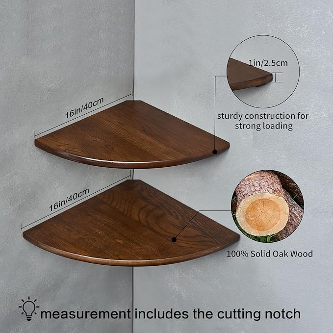 Corner Shelves, Floating Corner Shelf, Set of 2 16inch Solid Oak Wood Corner Wall Shelves, Round End with Wire Hole for Small Plant for Bedroom Kitchen, Living Room