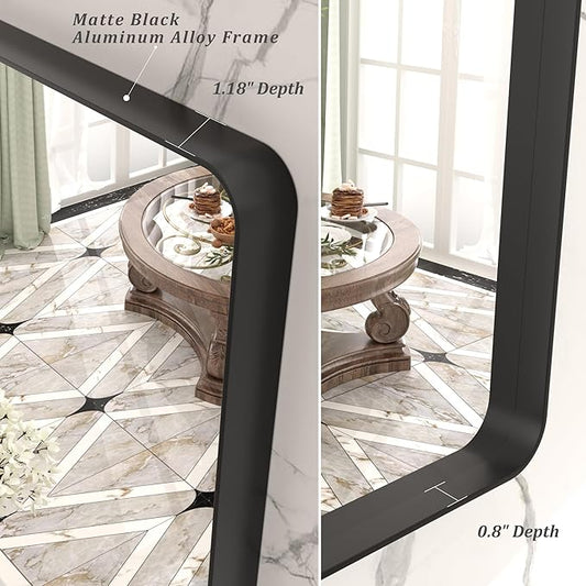 60x36 Matte Black Bathroom Mirror, Modern Rectangle Metal Framed Mirrors for Wall, Rounded Corners, Shatter-Proof (Horizontal/Vertical)