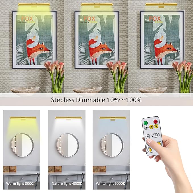 Rechargeable Picture Lights with Remote, 13in Full Metal Wireless Battery Painting Light, Dimmable/Timer Off Artwork Light, with 3 Lighting Modes for Artwork and Dartboards