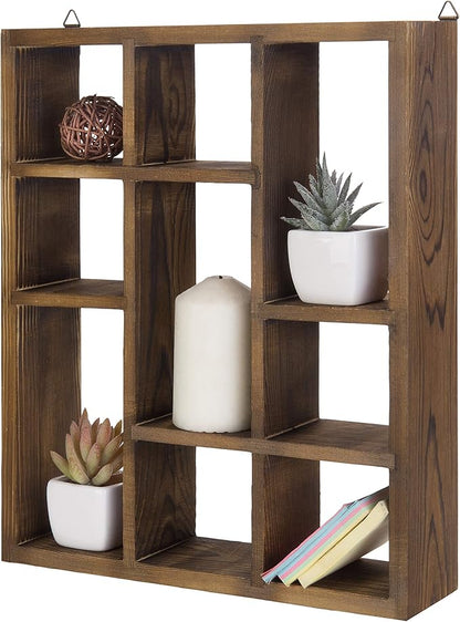 MyGift 9 Compartment Vintage Solid Wood Shadow Box, Wall Mountable Curio Display Case, Freestanding or Floating Shelf for Collectible Figurines, Succulents (Torched)