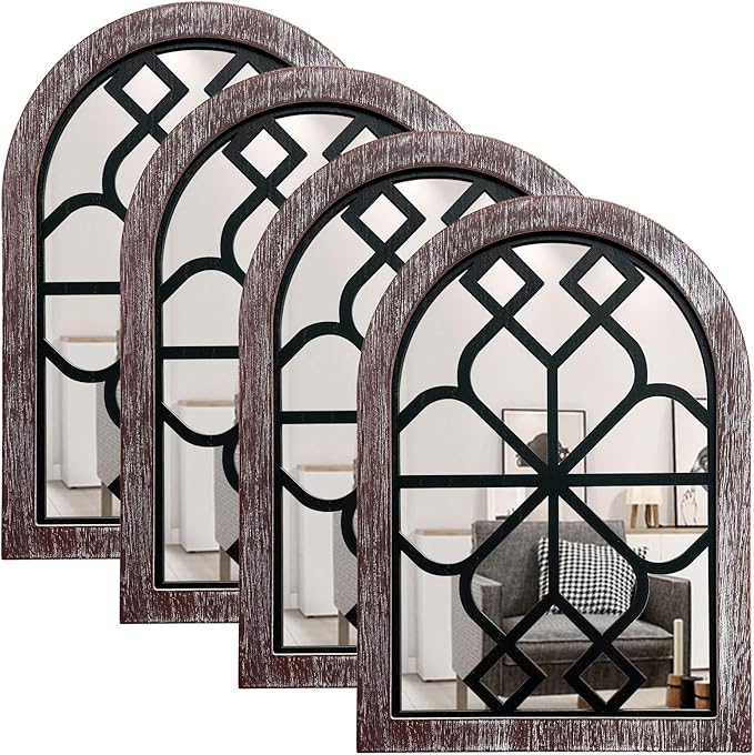 ZEXUIRU Set of 4 Arched Window Wall Mirror Rustic Farmhouse Accent Mirror Wood Framed Entry Wall Decoration for Living Room Bathroom Bedroom Kitchen