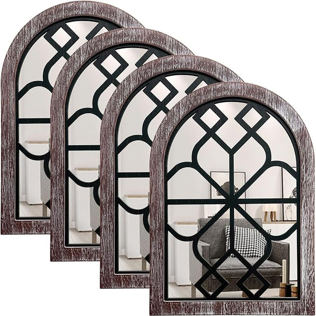 ZEXUIRU Set of 4 Arched Window Wall Mirror Rustic Farmhouse Accent Mirror Wood Framed Entry Wall Decoration for Living Room Bathroom Bedroom Kitchen