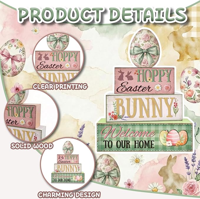 Easter Decorations, 4 Pcs Wooden Easter Table Decorations, Easter Egg Tiered Tray Decor, Vintage Wooden Table Sign for Desk Shelf Mantel Coffee Bar, Indoor Home Decor
