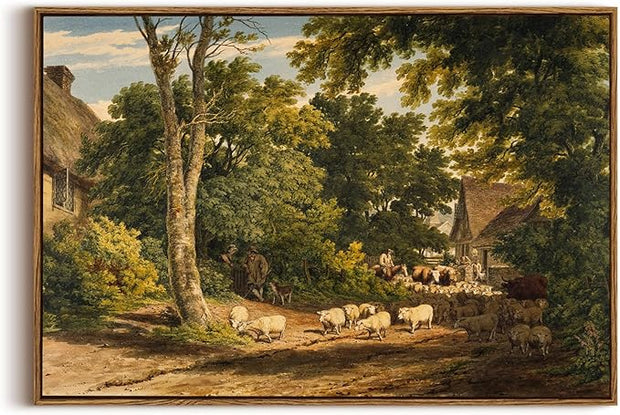 OIQArtOIQ Vintage Framed Wall Art Rural Farm Scene Canvas Art Prints Countryside Landscape Pictures Wall Decor Modern Rustic Farmhouse Paintings Artwork For Bedroom Bathroom Office Living Room