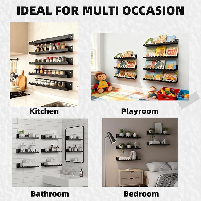 Nursery Book Shelves Set of 6, Black Metal Floating Shelves for Wall, 16 Inch Scalloped Book Shelf for Kids Room, Bathroom, Bedroom, Playroom Wall Decor & Storage