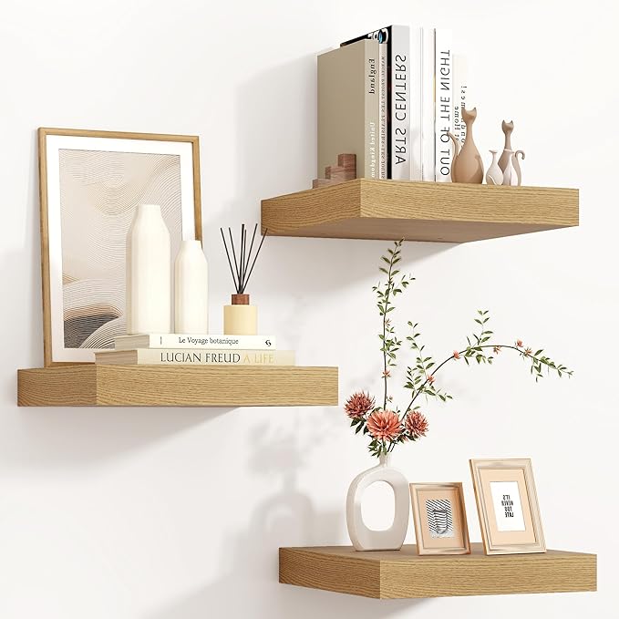 Square Floating Shelves for Wall 12"W x 12"D x 1.4"H, Small Engineered Wood Wall Shelves with Invisible Brackets for Living Room Bedroom Bathroom Office Kitchen Storage & Decor, Oak Finish, Set of 3