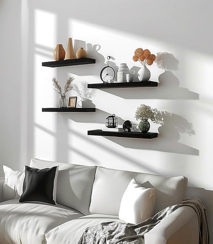 PHPH Wood Floating Shelves for Wall, Wooden Wall Shelves for Bedroom, Set of 6 Black 17 Inch