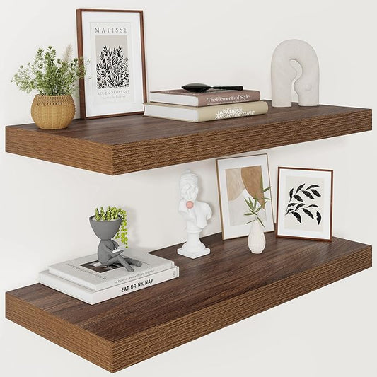 Vivelove Wide Floating Shelves for Wall 12 Inch Deep, 30" X 12" X 2" Floating Shelf, 2 Inch Thick Shelf for Living Room Bathroom Bedroom Kitchen Book Room, Rustic Farmhouse Decor Set of 2, Walnut