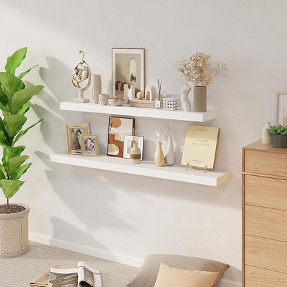 Fun Memories Floating Shelves, 9.3 Inch Deep Solid Pine Wood Wall Shelves for Storage, Rustic Wall Mounted Display Shelf with Invisible Heavy-Duty Metal Bracket, 55 Inch Width, White