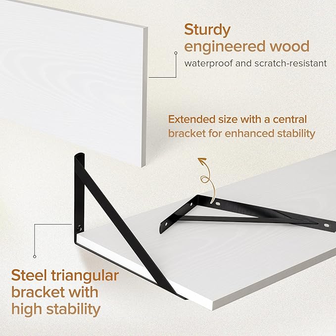 Deep Floating Shelves Wall Mounted, 48"x12" White Wall Shelves with Brackets Set of 2 for Bedroom, Living Room, Bathroom, Kitchen, Office - Storage & Display Shelf for Decor, Books, Plants