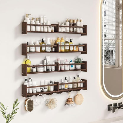 34Inch Nursery Bookshelves,Set of 4,Wall Floating Shelf Kids Coat Rack with 6Hooks,Hanging Book Shelf for Baby Nursery Room Décor (Dark Brown, 34)