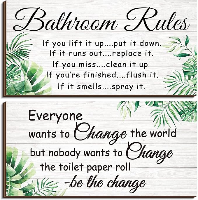 Jetec 2 Pieces Funny Bathroom Signs Bathroom Wall Decor Toilet Wall Accessories Farmhouse Toilet Rustic Wooden Signs, 12x6 Inch(Leaves Style)