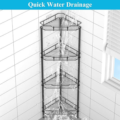 4 Tier Floor Standing Corner Shower Caddy Organizer Shelf with Hooks, Bathroom Shelves Stand Rack, Matt Black