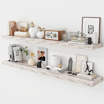 55 Inch Floating Shelves, 9.3" Deep Floating Shelf Wall Mounted, 56" Wall Shelves, Rustic Deep Bookshelf, Large Display Shelves & Storage Shelves for Bedroom, Living Room, Rustic, Set of 2