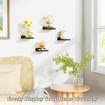 SRIWATANA Small Floating Shelves Wall Mounted, Wood Shelf for Decoration and Storage Set of 4, Mini Display Shelf for Bedroom, Bathroom, Kitchen, Office (Black, 5 inch)
