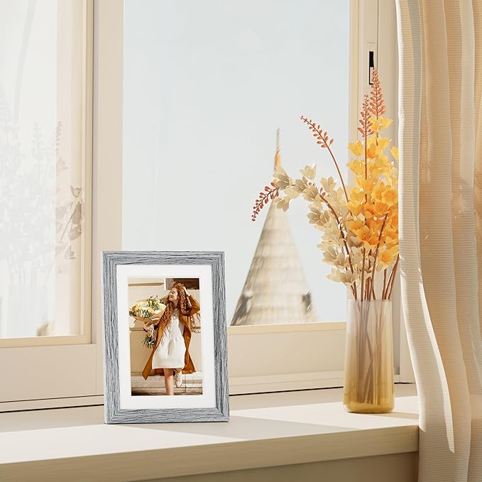 Vittanly 5x7 Picture Frame Set of 4, Display Pictures 4x6 with Mat or 5x7 without Mat, Engineered Wood with Shatter Resistant Plexiglass, Small Photo Frames for Wall or Tabletop Display, Grey