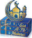 Geelin 4 Pcs Eid Mubarak Tiered Tray Decor Wooden Book Stack Signs, Blue Gold Islamic Crescent Moon Mosque Table Centerpiece for Ramadan Home Shelf Coffee Bar Mantel Decorations