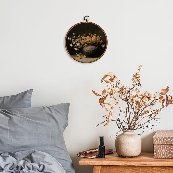 KSDUT Moody Flower Wall Art Decor - Retro Botanical Neutral Mid Century Modern Wall Art Canvas Frame Hanging Prints, Vintage Yellow Floral Round Artwork Decor for Home Decorations 10