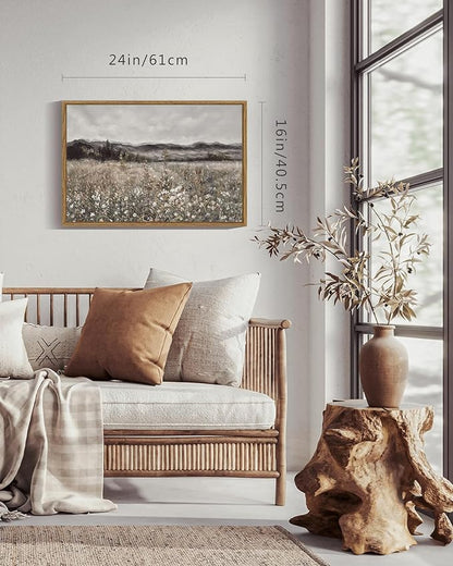SHENIFY 16x24in Large Vintage Landscape Framed Canvas Wall Art Prairie in Full Bloom Classic Painting Modern Farmhouse Bathroom Office Decor - Natural Framed