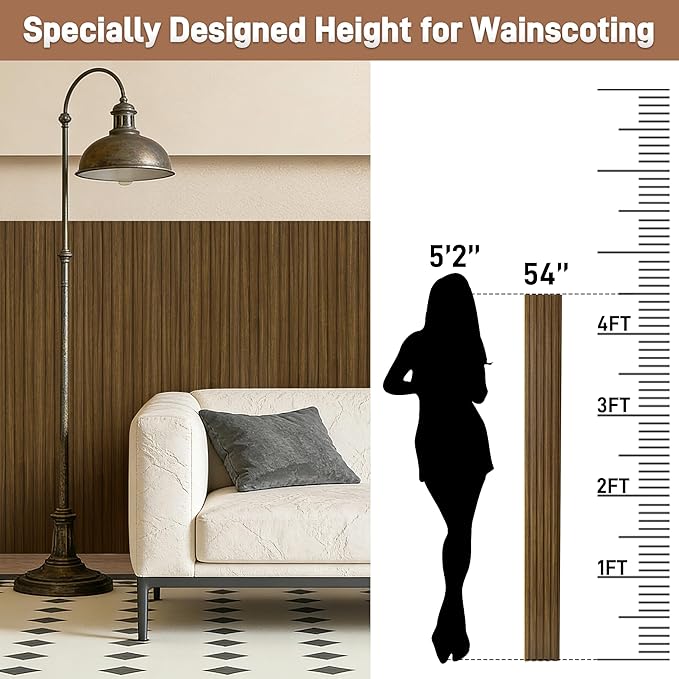WPC Wainscoting Panels, 16 Packs 54 x 6 Inch 3D Wall Panels for Interior Wall Decor, Living Room, Bedroom, TV Background, Accent Slat Wall Paneling, Light Walnut