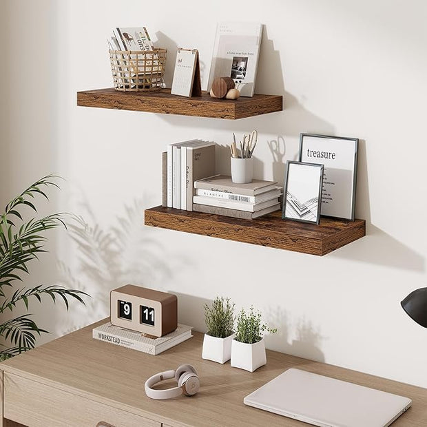 Fun Memories 24 Inch Floating Shelves Wall-Mounted, 10 Inch Deep Wall Shelves, 24 x 10 Floating Shelf for Living Room Bathroom Bedroom, Rustic Brown, Set of 2